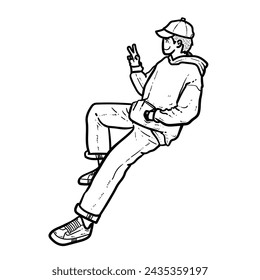 Sketch Cap boy or man or guy laying on the ground with peace hand sign and shoes on white Background vector modern illustration