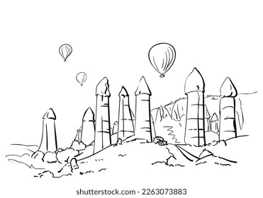 Sketch of Cappadocia landscape, hot air balloons fly over phallic rock formations, Unusual nature hand drawn illustration, Love valley in Turkey