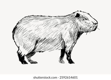 Sketch of a capybara, a large rodent, in black and white. The capybara illustration shows detailed fur texture. Capybara drawing with side profile view. Vintage animal illustration vector.