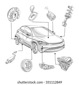 Sketch Car Abstract Vector Design Concept. Infographics Hand Drawn Illustration