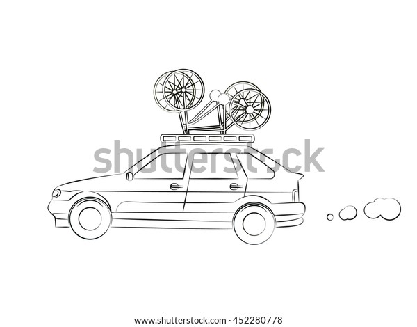 A sketch of a car with bikes on the roof.\
Vector illustration.