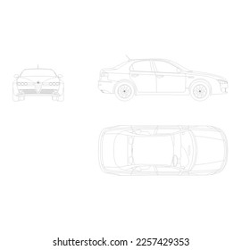 boceto del coche desde la vista frontal, la vista superior y la vista lateral esbozada en blanco y negro