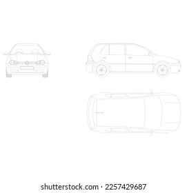 boceto del coche desde la vista frontal, la vista superior y la vista lateral esbozada en blanco y negro