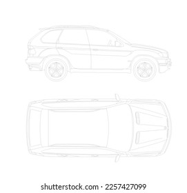 sketch of the car from the side view and top view of the sketch in black and white