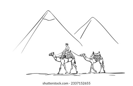 Esbozo de la caravana de dos camellos y una persona caminando frente a las pirámides en Giza, Travel Egypt ilustración simple doodle