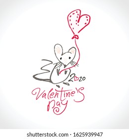 Sketch card funny mouse gives a balloon in the shape of a red heart. 2020 Valentine's Day handwritten lettering. Valentines day holidays typography print, postcard, t-shirt and more. Vector 