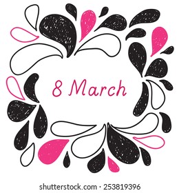 Sketch card with pink scribble drops frame. Illustration for womens day 8 march