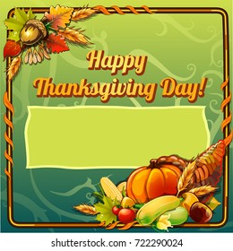 Sketch for card or private party invitation in style of holiday of thanksgiving day with space for your text. Greeting card with ornate pattern and cornucopia. Vector cartoon close-up illustration.