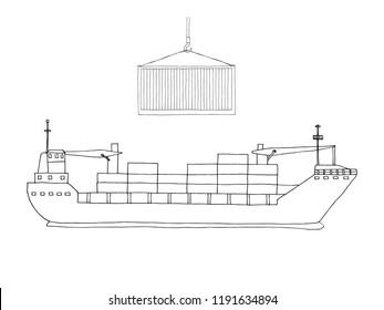 Sketch of cargo ship isolated on white background. Vector