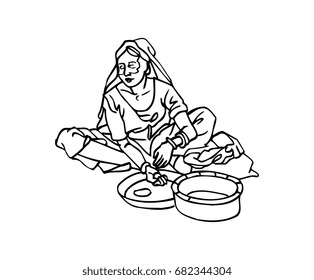 Sketch Caricature Of Indian Women Making Food In Vector