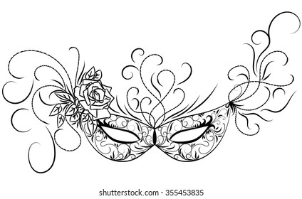 Sketch carnival mask. Black outline and decorated with beautiful patterns and flowers. Vector illustration.