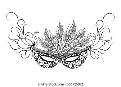 Sketch carnival mask. Black outline and decorated with beautiful patterns and flowers. Vector illustration.