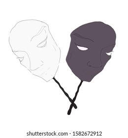 Sketch of carnival masks of different colors on a white background
