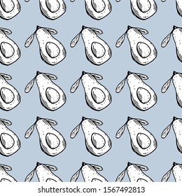 Sketch cartoon avocado pattern. Hand drawing on blue seamless pattern. Vector illustration. Vegetarian Organic