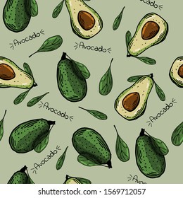 Sketch cartoon avocado pattern. Olive green seamless background. Vector illustration. Vegetarian Organic