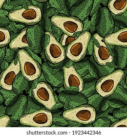 Sketch cartoon avocado pattern. Olive green seamless background. Vector illustration. Vegetarian Organic