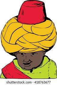 Sketch cartoon close up on smiling face of 18th century Arab or Turkish Muslim doll over white background
