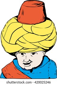 Sketch cartoon close up on smiling face of 18th century Turkish Muslim doll over white background