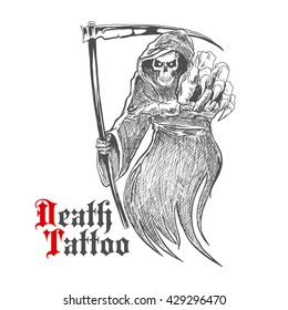 Sketch cartoon dreadful grim reaper in old hooded cloak with scythe pointing at viewer. Death or skeleton monster character for t-shirt print or tattoo design usage