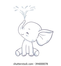 Sketch cartoon elephant spraying water. Doodle illustration in vector. Cute vector elephant. Baby bath.