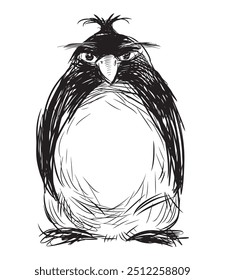 Esboço de pinguim grande engraçado de desenho animado em pé e olhando sozinho, desenho de mão vetor isolado no fundo branco
