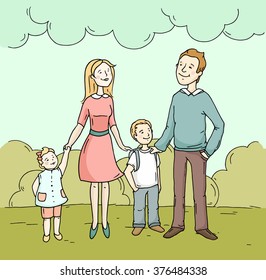 Sketch cartoon happy family standing together. Cute doodle characters - father, mother, son and daughter in summer time. Hand drawn vector illustration.