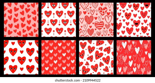 Sketch and cartoon hearts with faces, valentine day seamless patterns. Cute abstract romantic love symbol prints. Heart textures vector set. Smiling characters and doodle design for wrapping paper