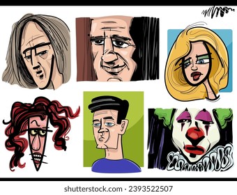 sketch cartoon illustration of people characters caricature or portraits set