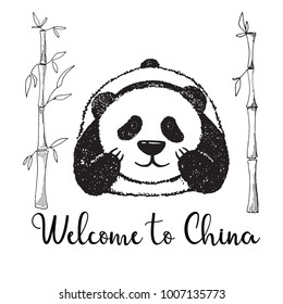 Sketch of a cartoon panda. Vector illustration. Text welcome to China