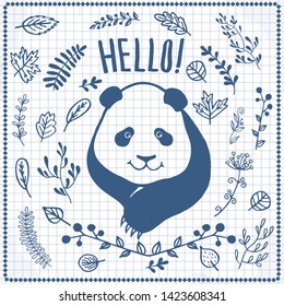 Sketch of a cartoon panda. Vector illustration. Text Hello.