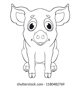 Sketch cartoon pig sitting, for children coloring book. On white background.