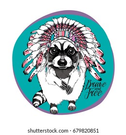 Sketch cartoon Raccoon in a Indian Feather Headdress on a round green background. Vector illustration.