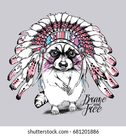 Sketch cartoon Raccoon in a Indian Feather Headdress on a gray background. Vector illustration.