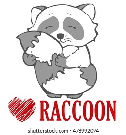 sketch of the cartoon raccoon who hugs his tail isolated on white background. animal sketch. outline vector illustration. print for t-shirts, bags, apparel or cup design.