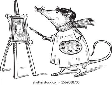 Sketch of cartoon rat artist with palette and brush standing for easel and painting self portrait