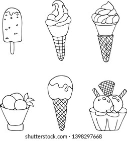 Sketch cartoon  set of ice cream. Fun summer food collection. Sweet  vector hand drawn  illustration. 