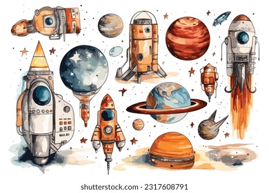 Sketch Cartoon Space Set watercolor white background