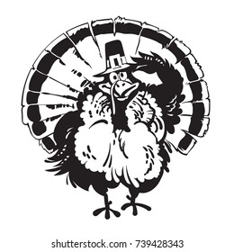 Sketch of Cartoon Thanksgiving Turkey wearing a Pilgrim hat. Black and white hand drawn vector illustration Isolated  on white background.