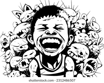 sketch cartoon vector man has moustache smile with around monster. black and white.