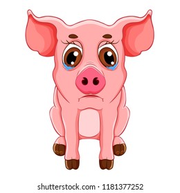 Sketch cartoon weeping pig sitting, for children coloring book. On white background.