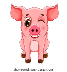 Sketch cartoon wink pig sitting, for children coloring book. On white background.