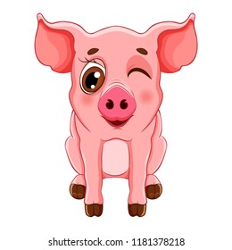 Sketch cartoon wink pig sitting, for children coloring book. On white background.