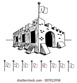 The Sketch of the castle with a set of flags
