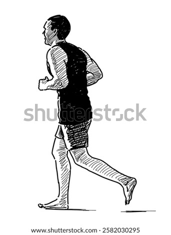 Sketch of casual athletic man on healthy jogging, running outdoors, realistic hand drawn illustratin vector isolated on white