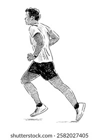 Sketch of casual athletic young man on healthy jogging, running outdoors, realistic hand drawn illustratin vector isolated on white