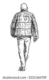 Sketch of casual bald man in jacket walking away, realistic hand drawing, vector illustration isolated on white
