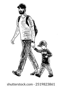 Esboço de homem barbudo casual no chapéu, pai com criança pequena andando ao ar livre juntos, desenhado à mão ilustração vetor