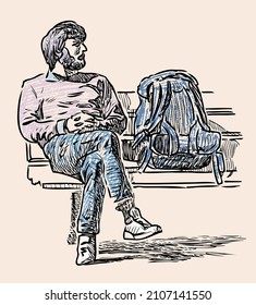 Sketch of casual citizen with backpack sitting on street bench for a rest