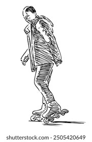 Sketch of casual citizen roller skating, doodle hand drawn illustration, vector, isolated on white