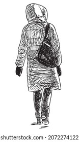 Sketch of casual city woman in hood with handbag walking outdoors alone